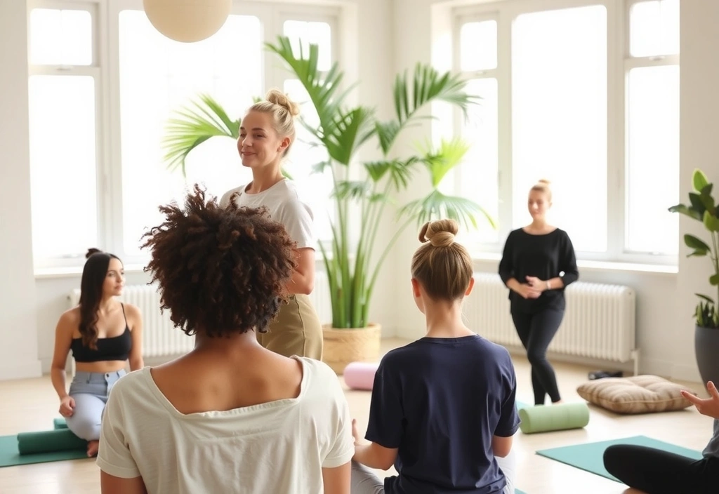 Diverse wellness community members practicing yoga and natural wellness activities in a bright, modern setting